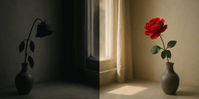 A side-by-side image showing two contrasting scenes. On the left, a wilted red rose droops in a dark, shadowy room, symbolizing grief and emotional heaviness. On the right, a vibrant red rose stands tall in a sunlit vase on a windowsill, representing healing, hope, and new beginnings. The two images mirror each other, evoking a journey from pain to peace.