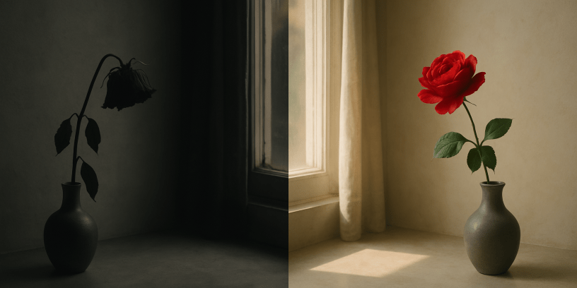 A side-by-side image showing two contrasting scenes. On the left, a wilted red rose droops in a dark, shadowy room, symbolizing grief and emotional heaviness. On the right, a vibrant red rose stands tall in a sunlit vase on a windowsill, representing healing, hope, and new beginnings. The two images mirror each other, evoking a journey from pain to peace.